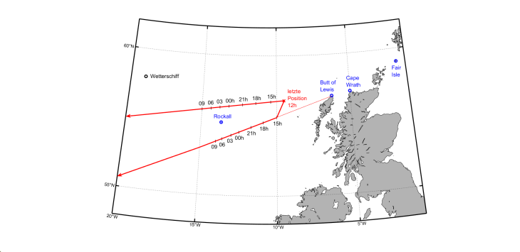 Grafik mit der letzten bekannten Position der MS "Melanie Schulte" und den beiden möglichen Routen, die das Schiff genommen haben könnte.