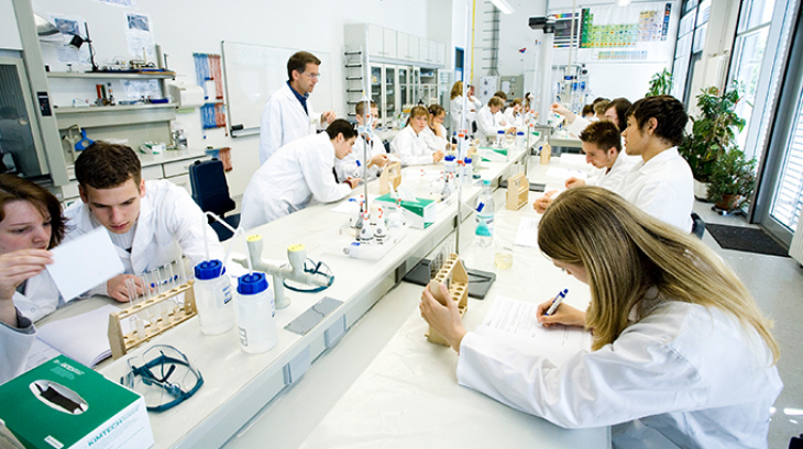 Schülerinnen und Schüler bei der Wasseranalytik.