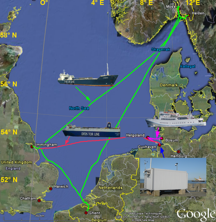 <i>FerryBox</i> -Routen in der Nordsee, die vom Hereon betrieben werden. <i>-Bild: Wilhelm Petersen/Hereon-</i> FerryBox- Routen in der Nordsee, die vom Hereon betrieben werden. -Bild: Wilhelm Petersen/Hereon-