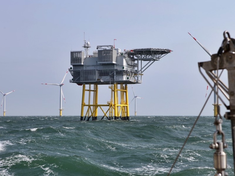 Blick auf eine Umspannplattform im Offshore Windpark